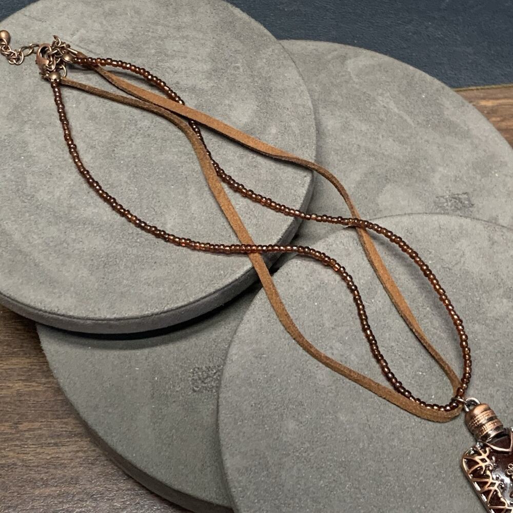 Vintage Beaded & Leather 14” Necklace With Floral Bottle Pendant, Copper Tones - Picture 4 of 6